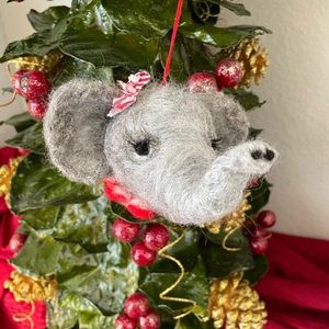 Hand crafted artisan needle felted baby elephant ornament  unique gift upcycled